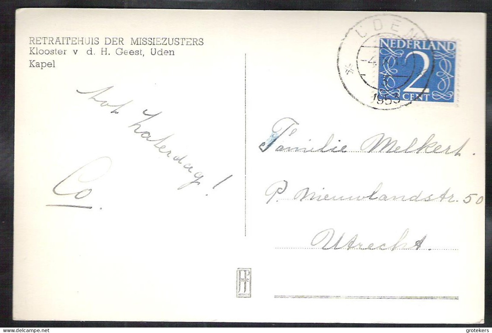 UDEN Klooster Van De Heilige Geest-Kapel 1953 Kortebalkstempel Uden - Uden