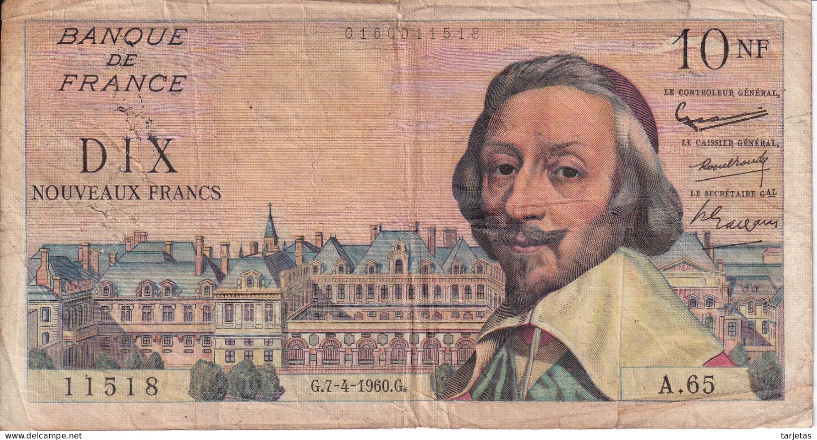 BILLETE DE FRANCIA DE 10 FRANCS DEL 7-4-1960 DE RICHELIEU  (BANKNOTE) - 10 NF 1959-1963 ''Richelieu''