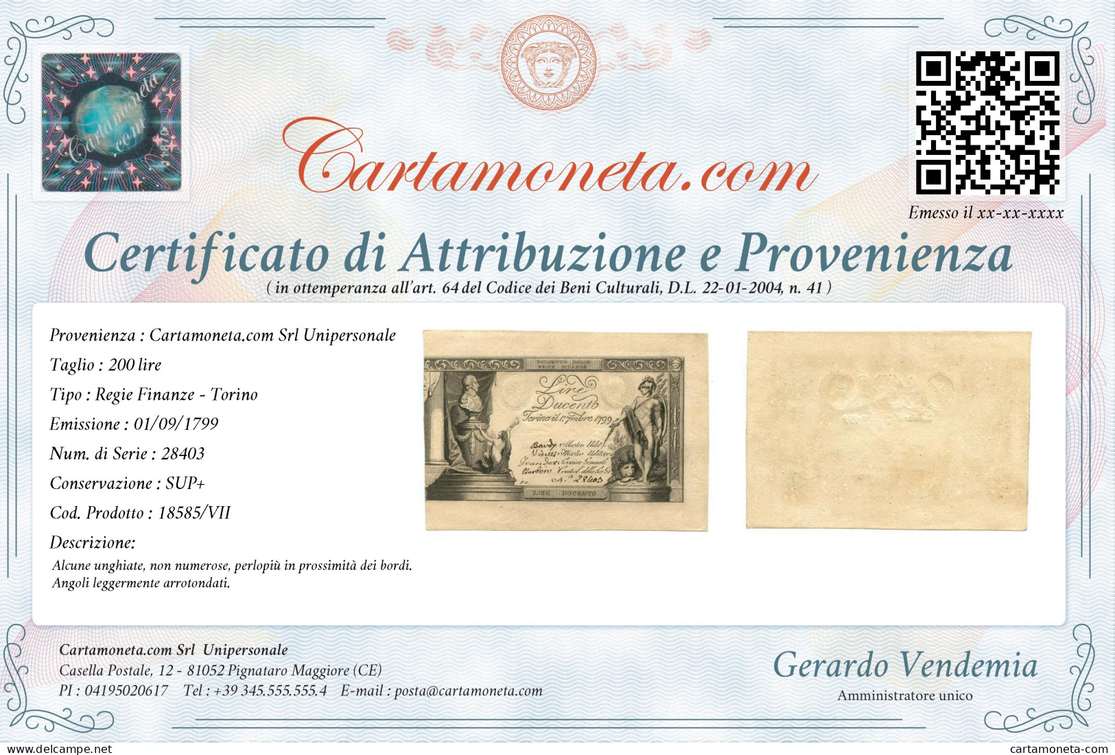 200 LIRE REGIE FINANZE TORINO REGNO DI SARDEGNA 01/09/1799 SUP+ - Other & Unclassified