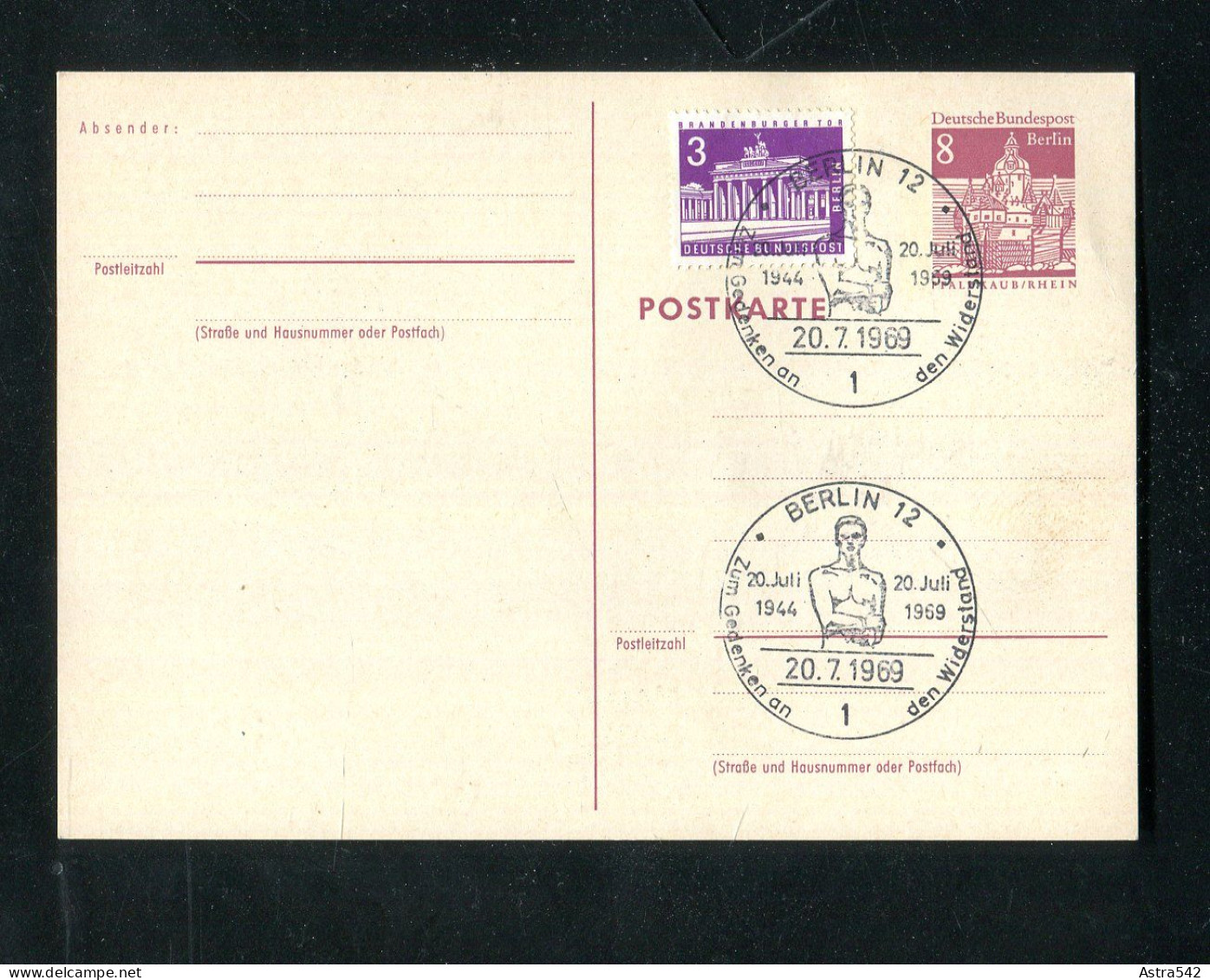 "BERLIN" 1969, SSt. "BERLIN, Gedenken An Den Widerstand" Auf Postkarte (13315) - Máquinas Franqueo (EMA)