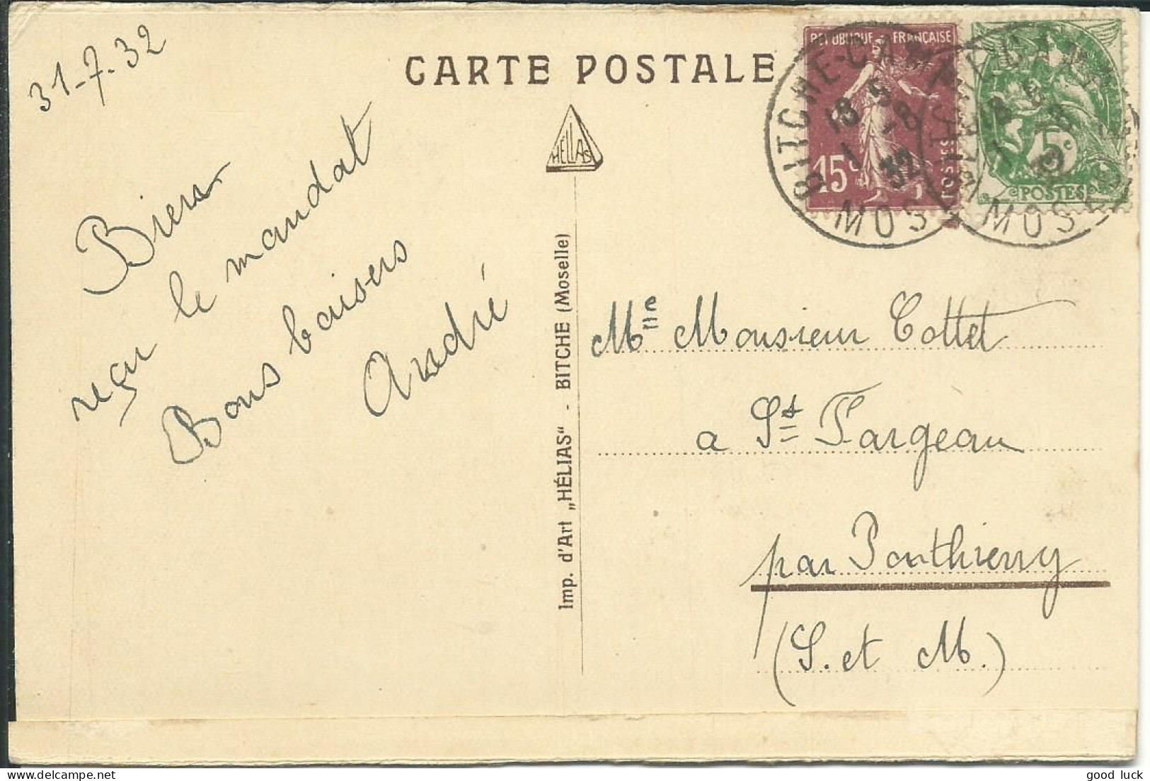 FRANCE 20c SUR CARTE DE BITCHE ( MOSELLE ) POUR PONTHIERRY ( SEINE ET MARNE ) DE 1932 LETTRE COVER - Covers & Documents