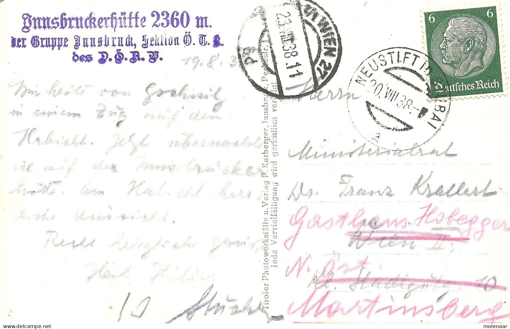 Oostenrijk > Tirol > Neustift Im Stubaital Postkaart  "Am Habichtferner, Staubai Gebruikt 20-VIII-1938 Ostmark (11022) - Neustift Im Stubaital