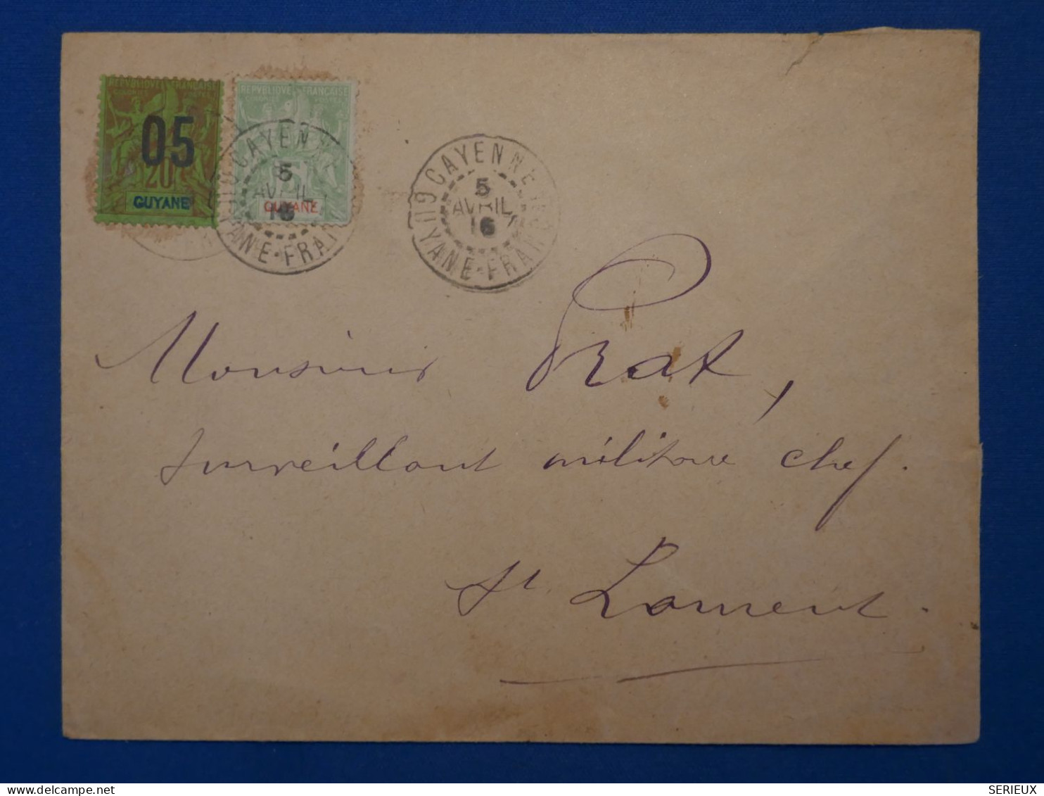 C GUYANNE BELLE LETTRE TRES RARE 1916 CAYENNE POUR  ST LAURENT DU MARONI+N°43 N°68 SURCH.05 +AFFRANCHISSEMENT PLAISANT - Storia Postale