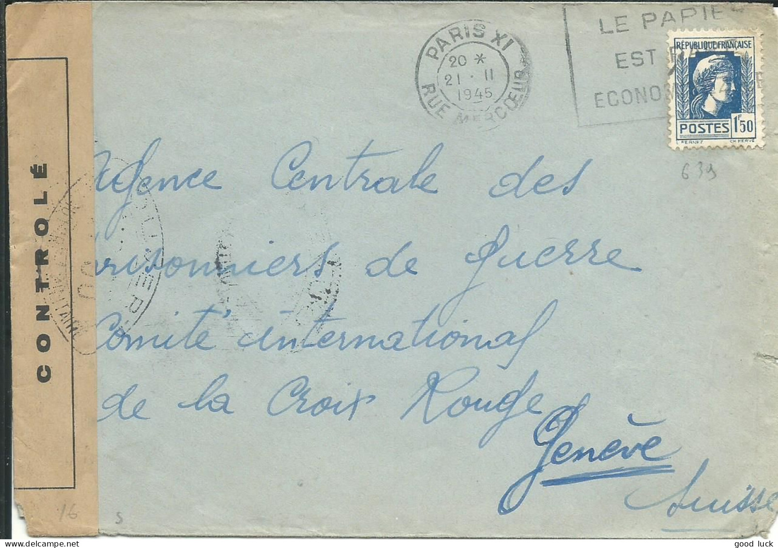 FRANCE 1F50 MARIANNE SEULE SUR LETTRE DE PARIS POUR GENEVE ( SUISSE ) CONTROLE CENSURE DE 1945  LETTRE COVER - 1944 Gallo E Marianna Di Algeri