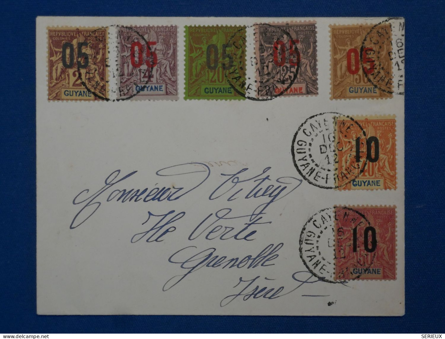 C GUYANNE BELLE LETTRE TRES RARE 16 12  1912 CAYENNE POUR GRENOBLE  FRANCE + SURCHARGES GROUPES +++ AFFRANCH. PLAISANT++ - Cartas & Documentos