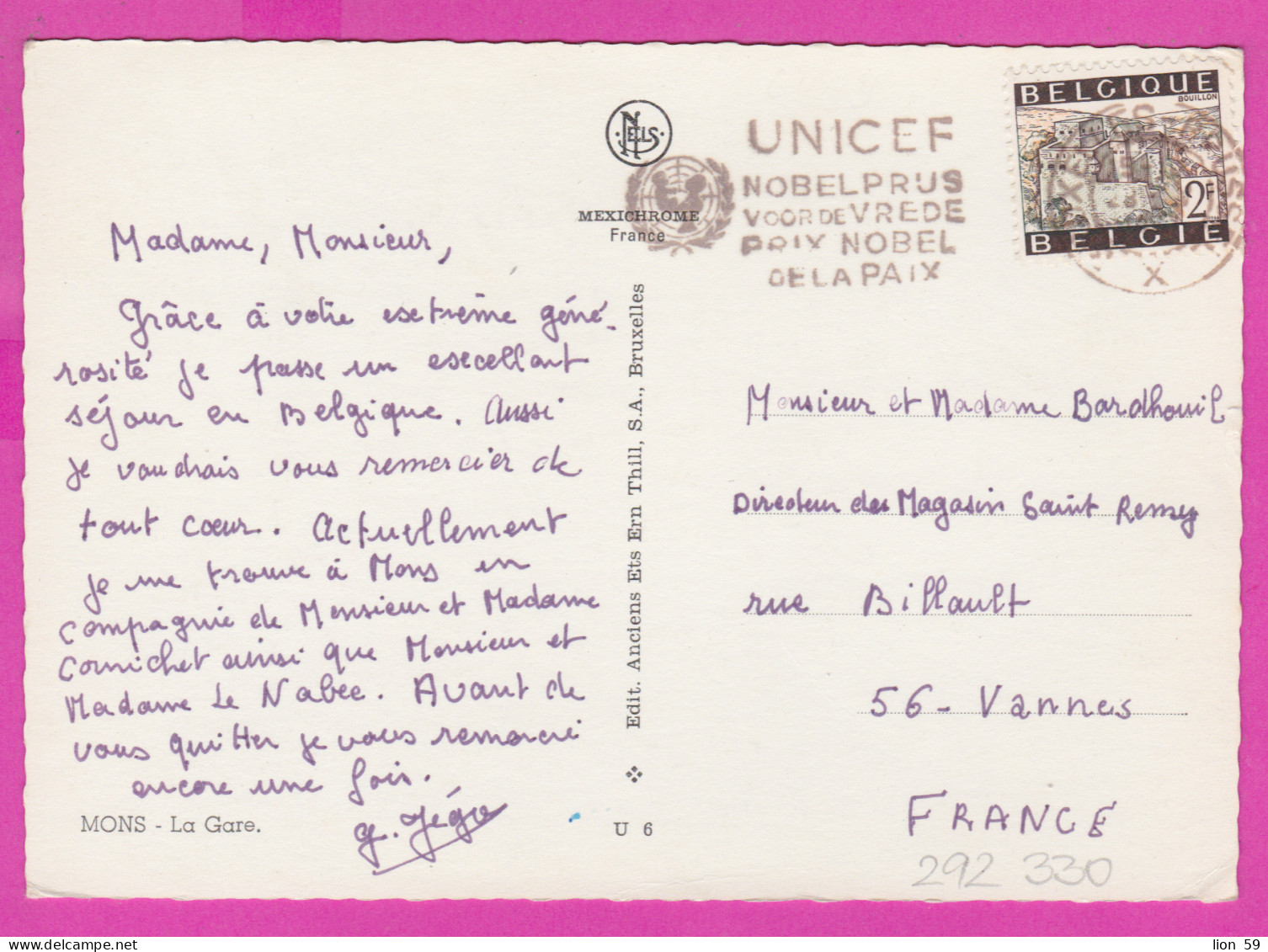 292330 / Belgium Mons - Night La Gare Train Station PC Used (O) 1966 2Fr. Bouillon Castle Flamme UNICEF Prix Nobel - Mons