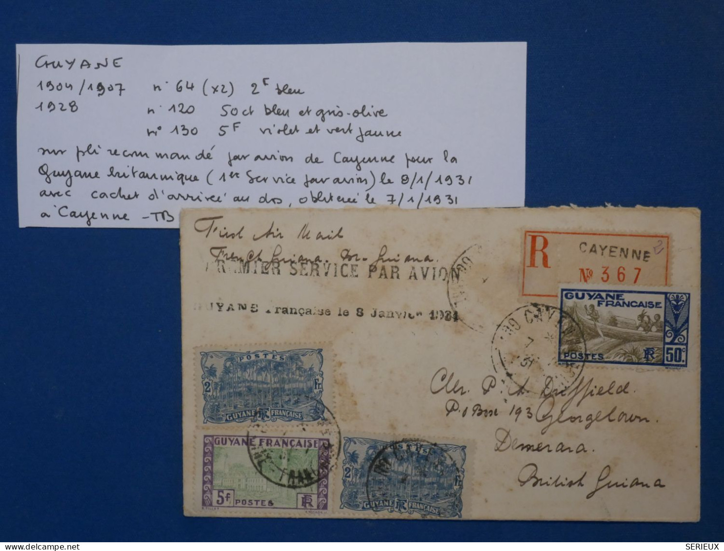 C GUYANNE BELLE LETTRE  RARE RECOM. 7 1 1931 CAYENNE  1ER VOL  POSTAL A  BRITISH GUIANA+ AFFRANCH.  INTERESSANT++ - Covers & Documents