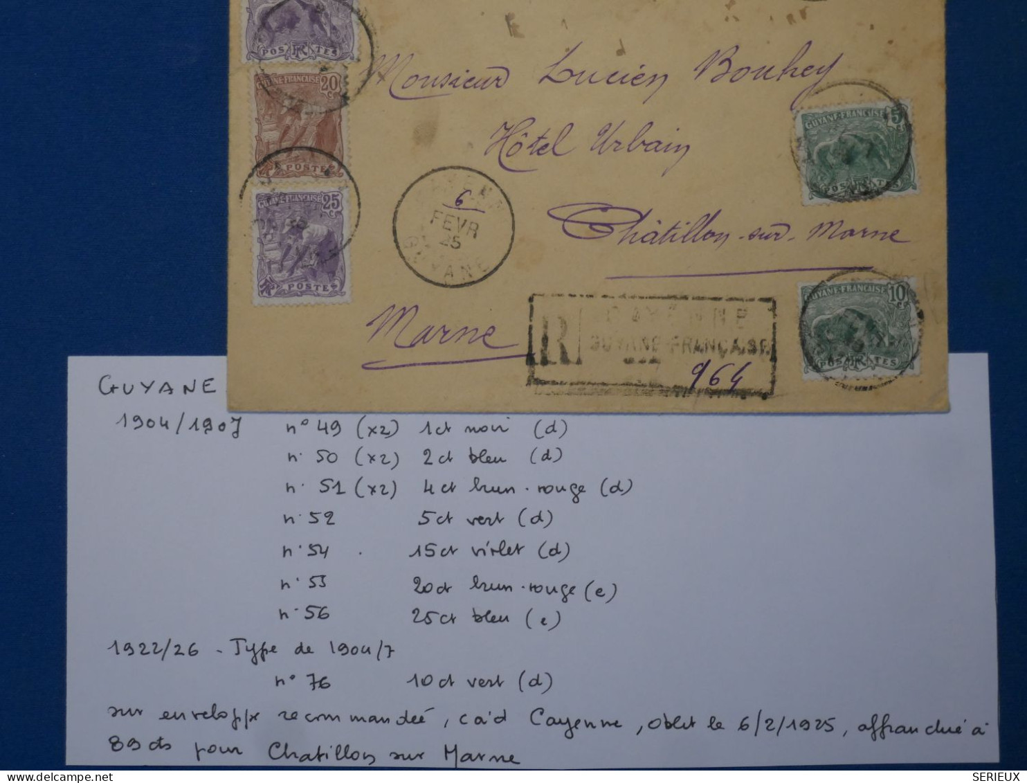 C GUYANNE BELLE LETTRE  RARE RECOM. 6 2 1925 CAYENNE A CHATILLON S MARNE  FRANCE+ AFFRANCH.  INTERESSANT++ - Lettres & Documents