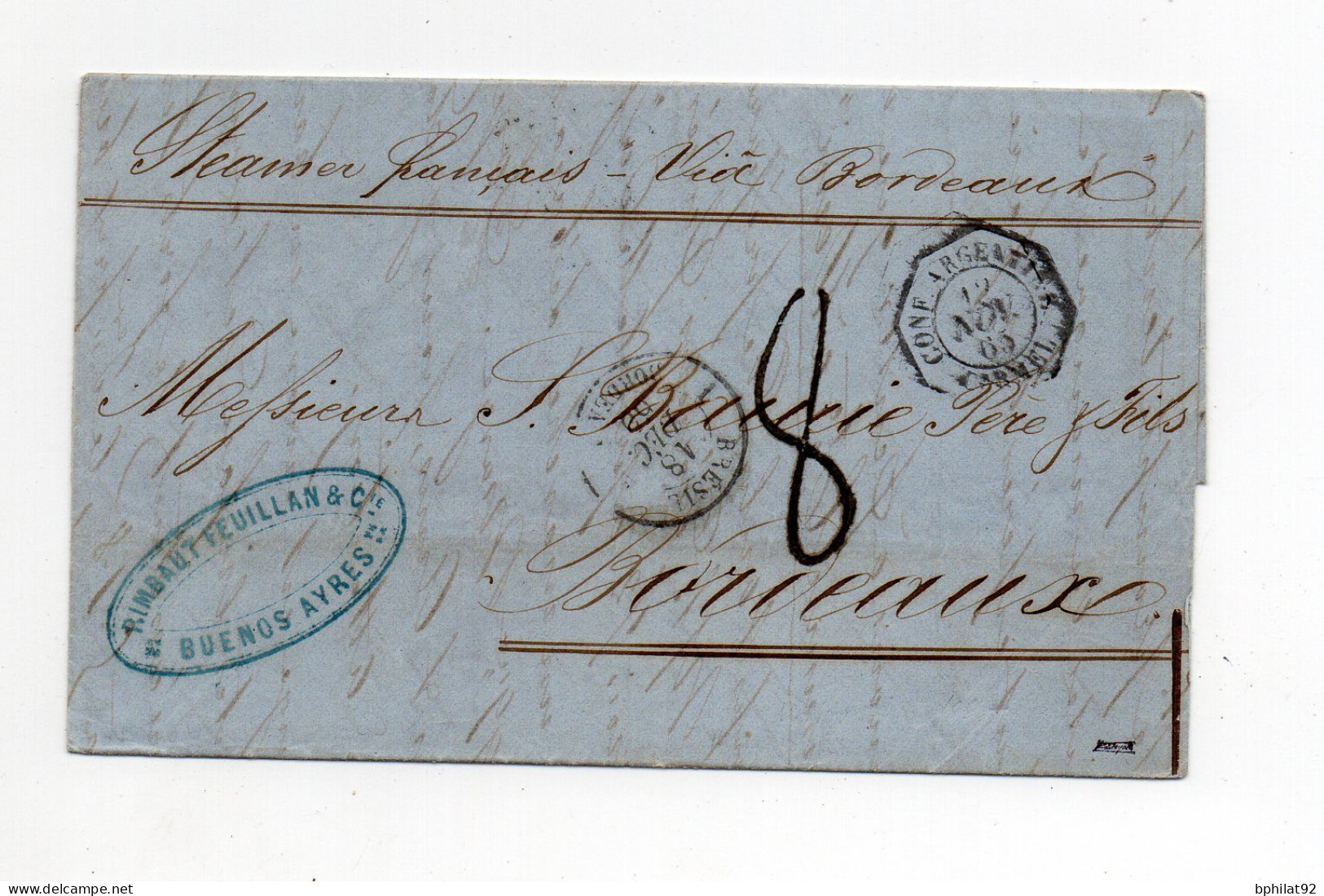 !!! ARGENTINE, LETTRE DE BUENOS AIRES DE 1865 POUR BORDEAUX PAR STEAMER FRANCAIS - Covers & Documents