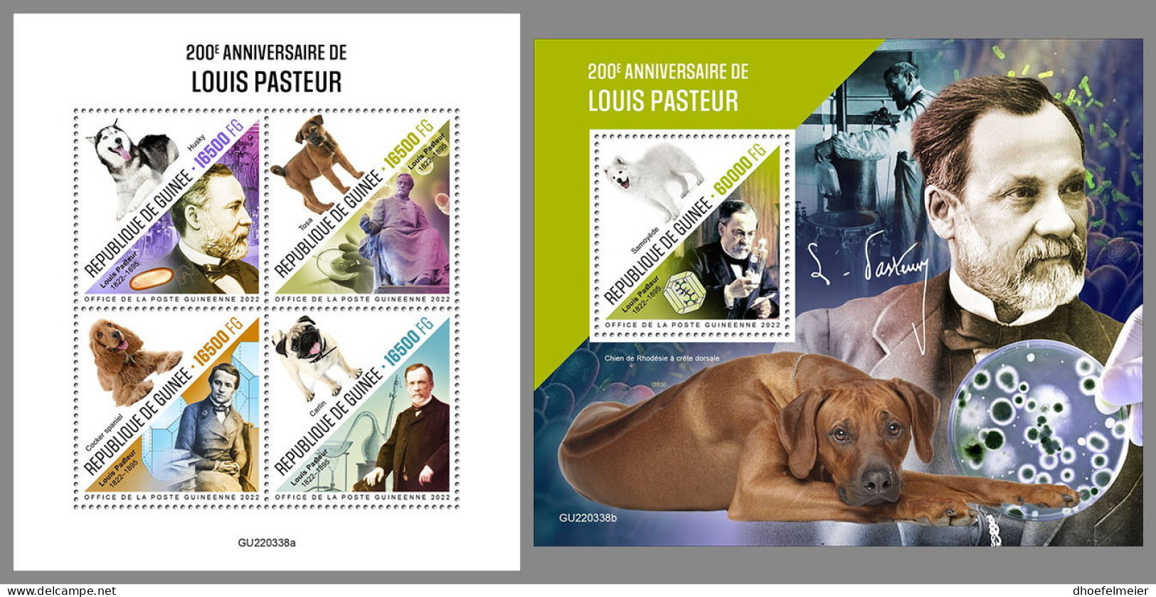 GUINEA REP. 2022 MNH Louis Pasteur Dogs Hunde Chiens M/S+S/S - OFFICIAL ISSUE - DHQ2322 - Louis Pasteur