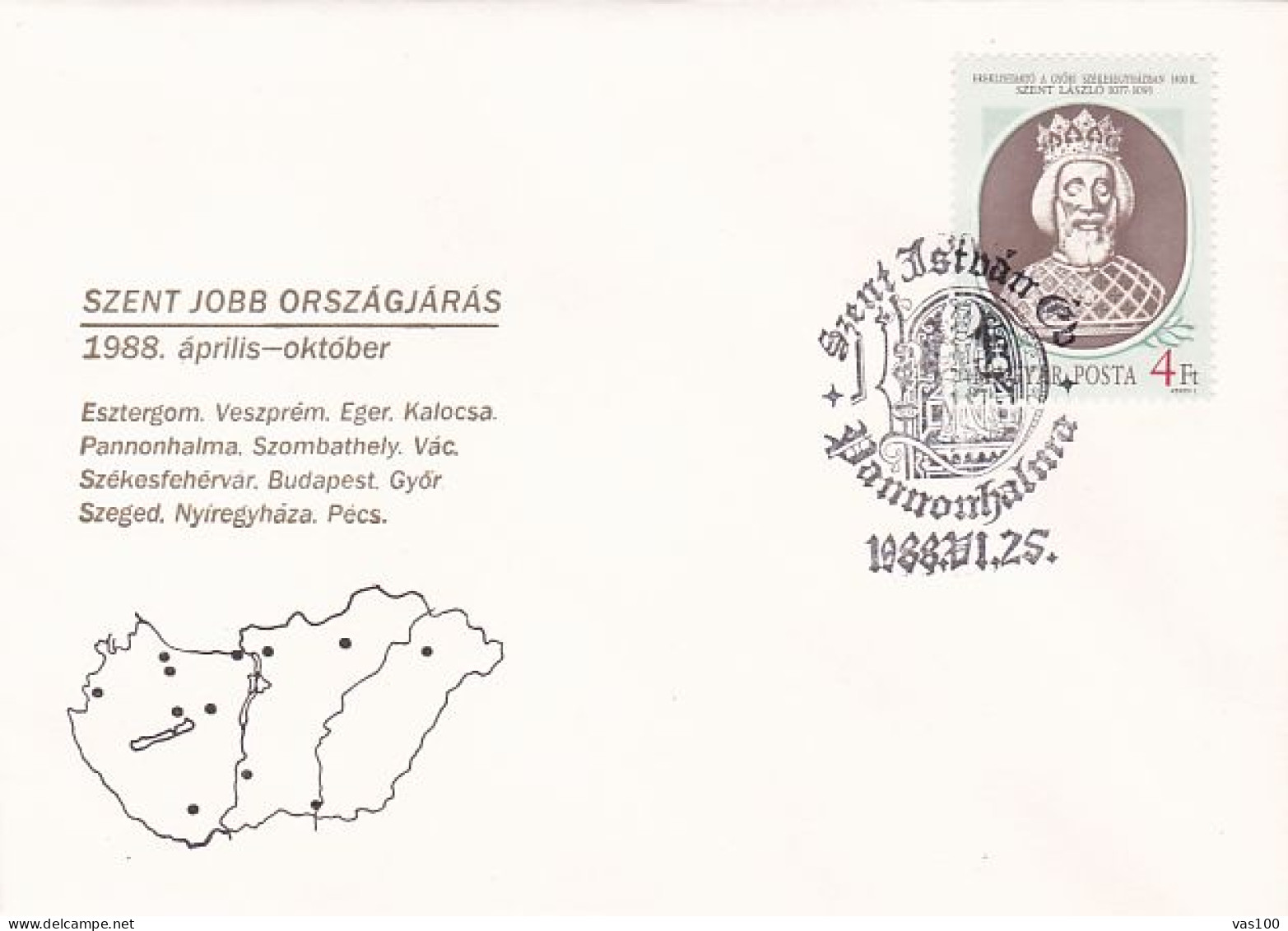 ST STEPHEN ROUTE THROUGH PANNONIAN PLAIN, MAP, SPECIAL COVER, 1988, HUNGARY - Briefe U. Dokumente