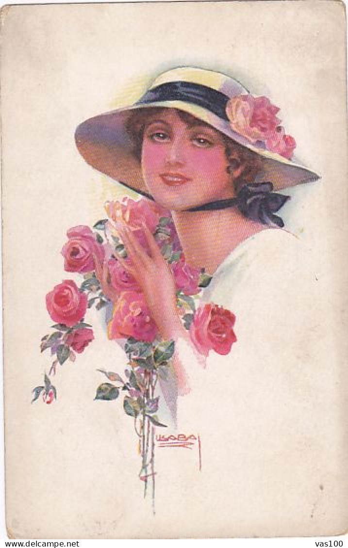 CPA ILLUSTRATIONS, SIGNED, USABAL- YOUNG WOMAN WITH HAT AND ROSES - Usabal