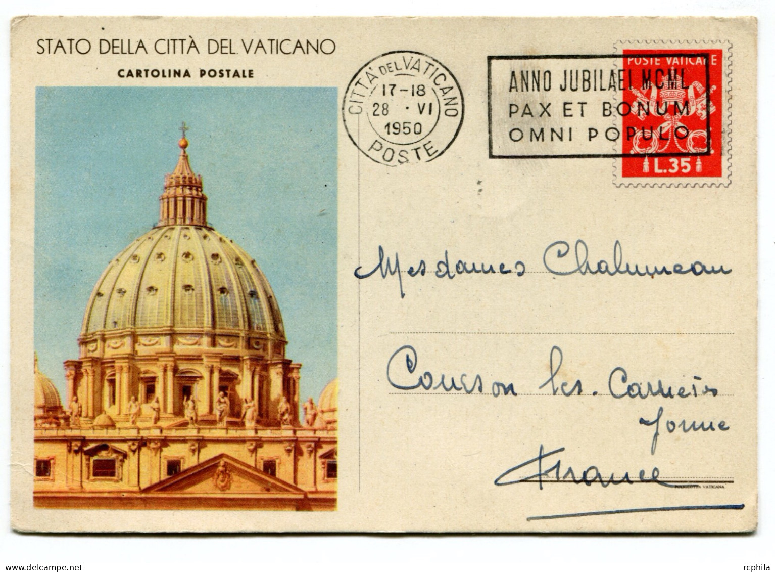 RC 25330 VATICAN 1950 ENTIER POSTAL CARTE POSTALE POUR LA FRANCE TB - Postal Stationeries