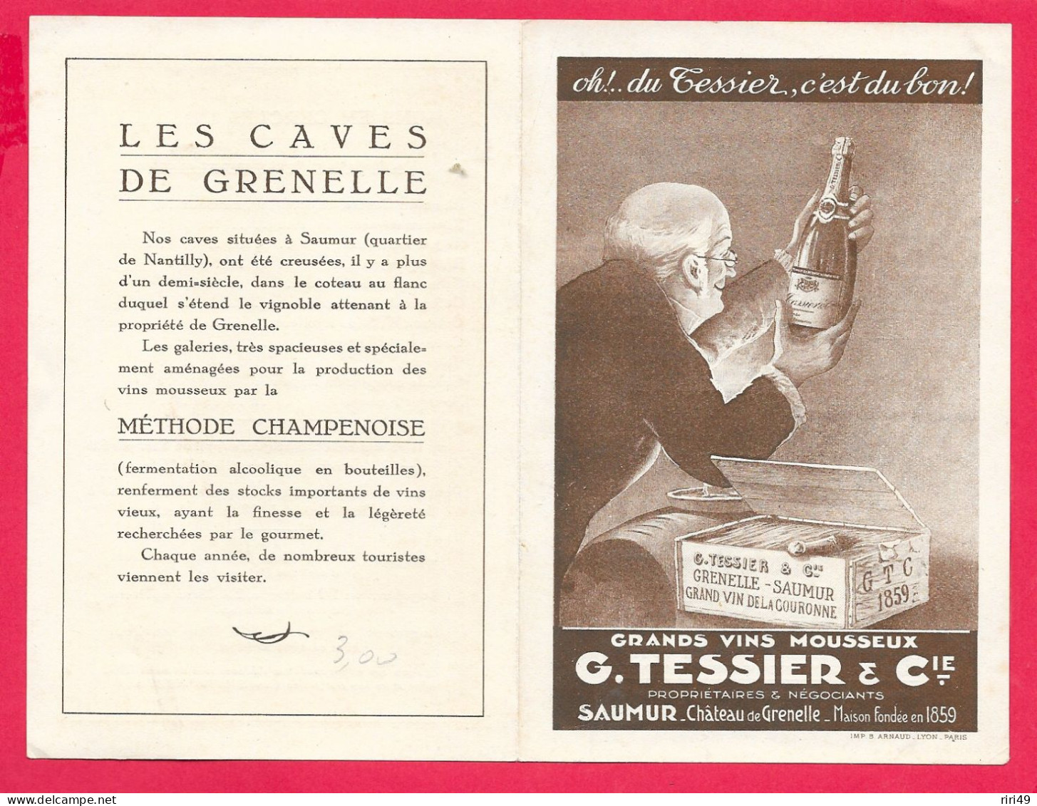 Saumur 49- Tarif "G.TESSIER, Grand Vins Mousseux, Voir Les Scannes Dépliant Format Carte Postale 4 Pages Couleur Marron" - Alcohols