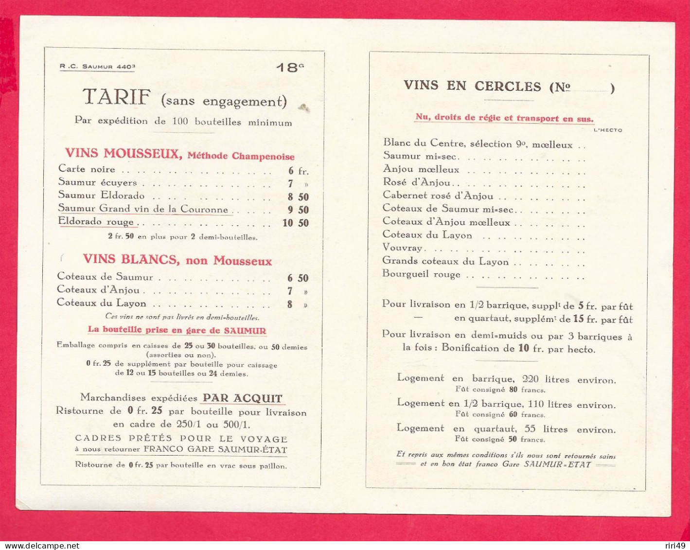 Saumur 49- Tarif "G.TESSIER, Grand Vins Mousseux, Voir Les Scannes Dépliant Format Carte Postale 4 Pages Couleur Marron" - Alcolici