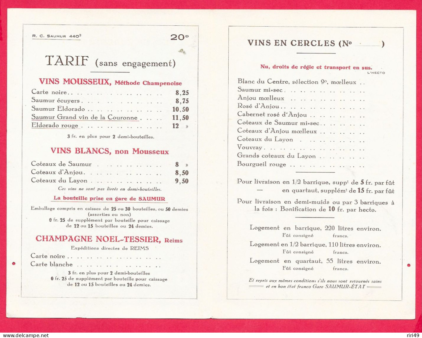 Saumur 49- Tarif "G.TESSIER, Grand Vins Mousseux, Voir Les Scannes Dépliant Format Carte Postale 4 Pages Couleur "Bleu" - Alkohol