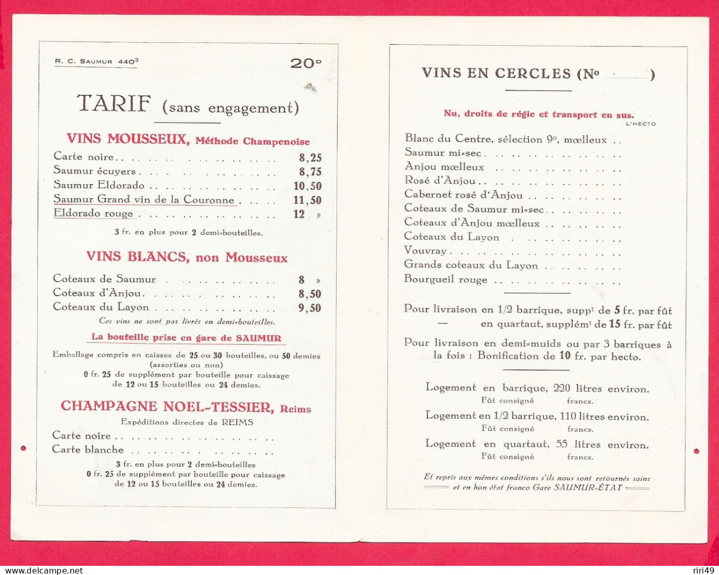 Saumur 49- Tarif "G.TESSIER, Grand Vins Mousseux, Voir Les Scannes Dépliant Format Carte Postale 4 Pages Couleur "Bleu" - Alcools