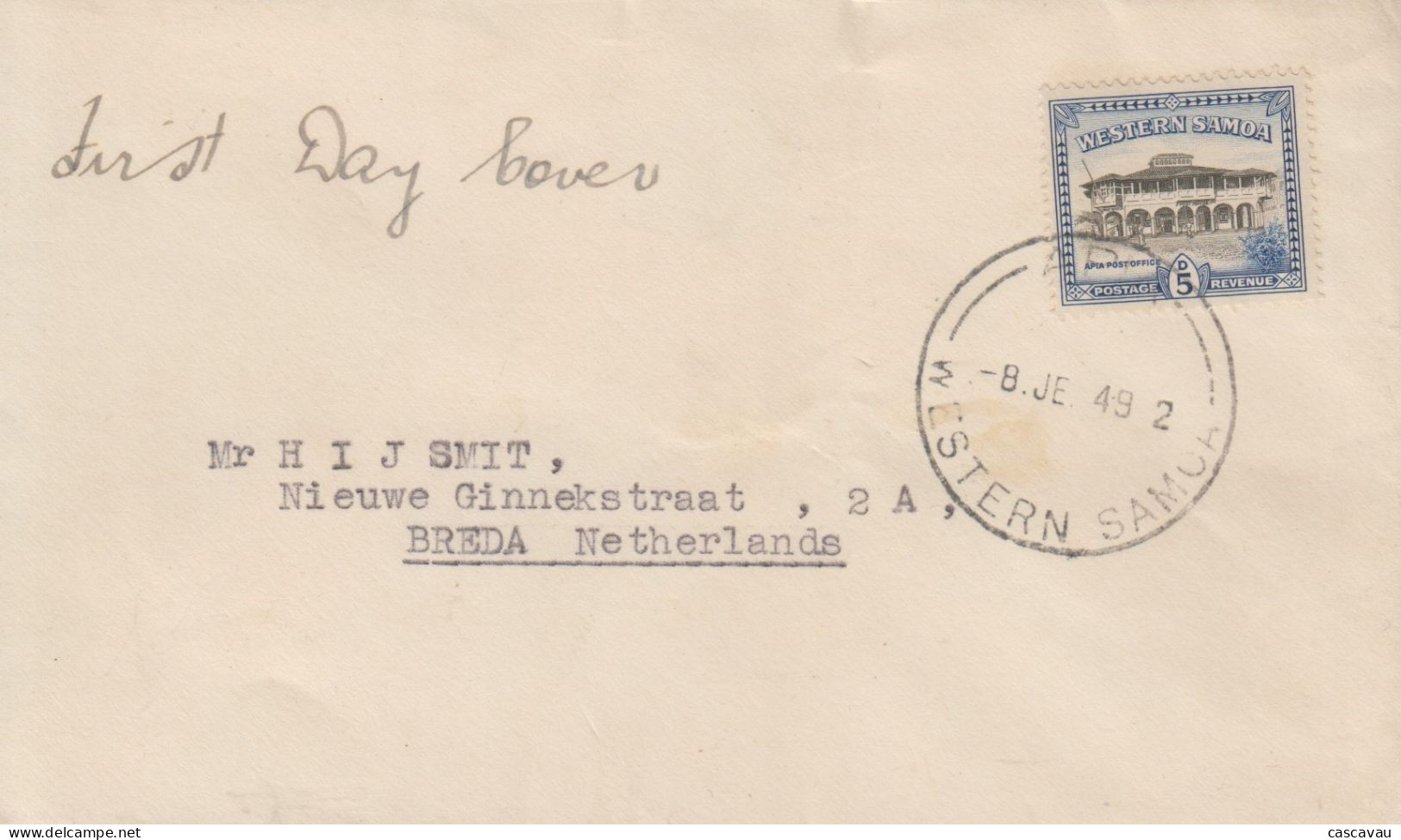 Enveloppe  FDC  1er   Jour   WESTERN  SAMOA    Bureau  De   Poste   APIA    1949 - Samoa