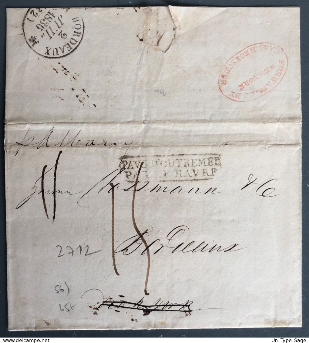 France, Griffe PAYS D'OUTREMER PAR LE HAVRE 4.3.1836 Sur Lettre De Tampico, Mexique - ACHEMINEUR ! - (B2378) - Entry Postmarks