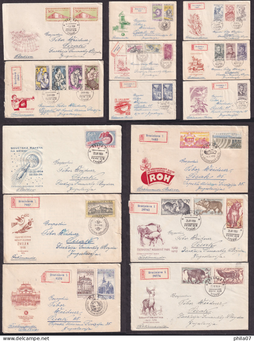 Czechoslovakia 1959 - Lot Of 14 First Day Covers Mostly Sent By Registered Mail To Sisak, Various Topic, Nice / 12 Scans - FDC
