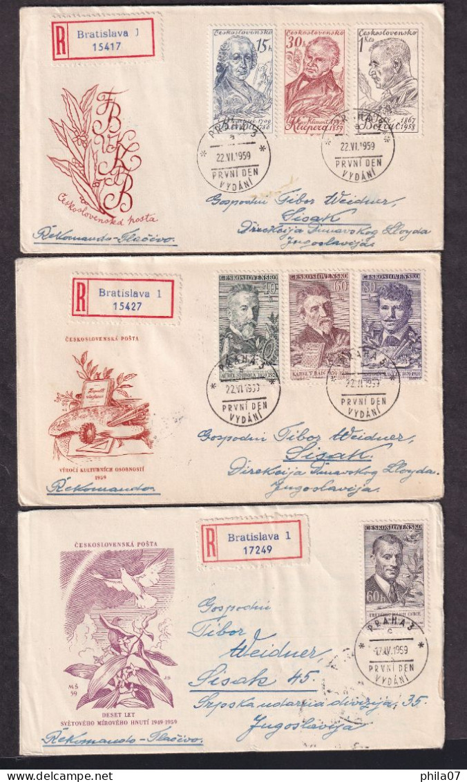 Czechoslovakia 1959 - Lot Of 14 First Day Covers Mostly Sent By Registered Mail To Sisak, Various Topic, Nice / 12 Scans - FDC