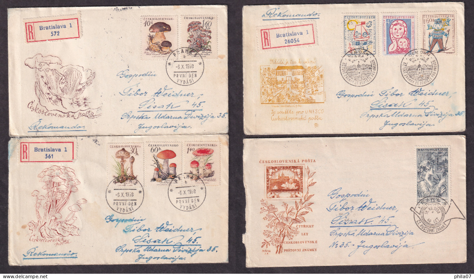 Czechoslovakia 1958 - Lot Of 4 First Day Covers Mostly Sent By Registered Mail To Sisak, Various Topic, Nice / 6 Scans - FDC