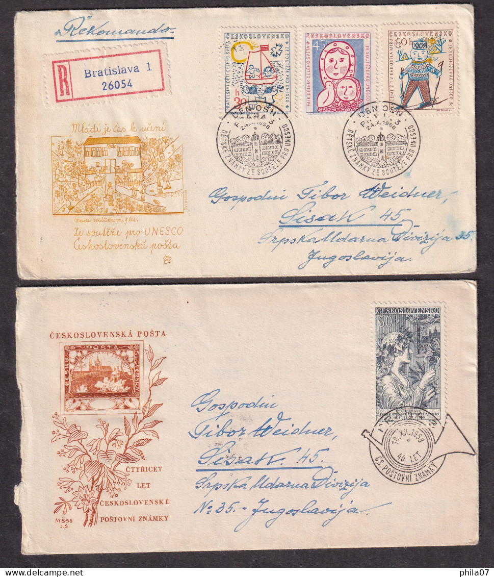 Czechoslovakia 1958 - Lot Of 4 First Day Covers Mostly Sent By Registered Mail To Sisak, Various Topic, Nice / 6 Scans - FDC