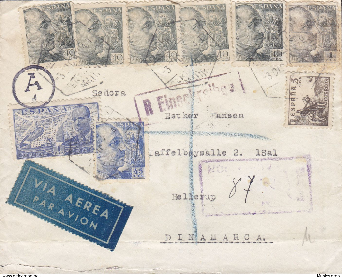 Spain VIA AEREA Label Boxed Registered Einschreiben Certificada MADRID 1941 Cover Letra HELLERUP Denmark Danish Censor - Cartas & Documentos