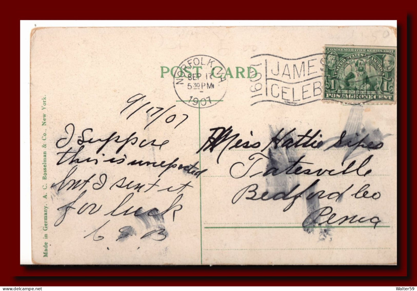 1907 USA United States Postcard Old Church Town Jamestown Sent Norfolk 2scans - Marcofilia