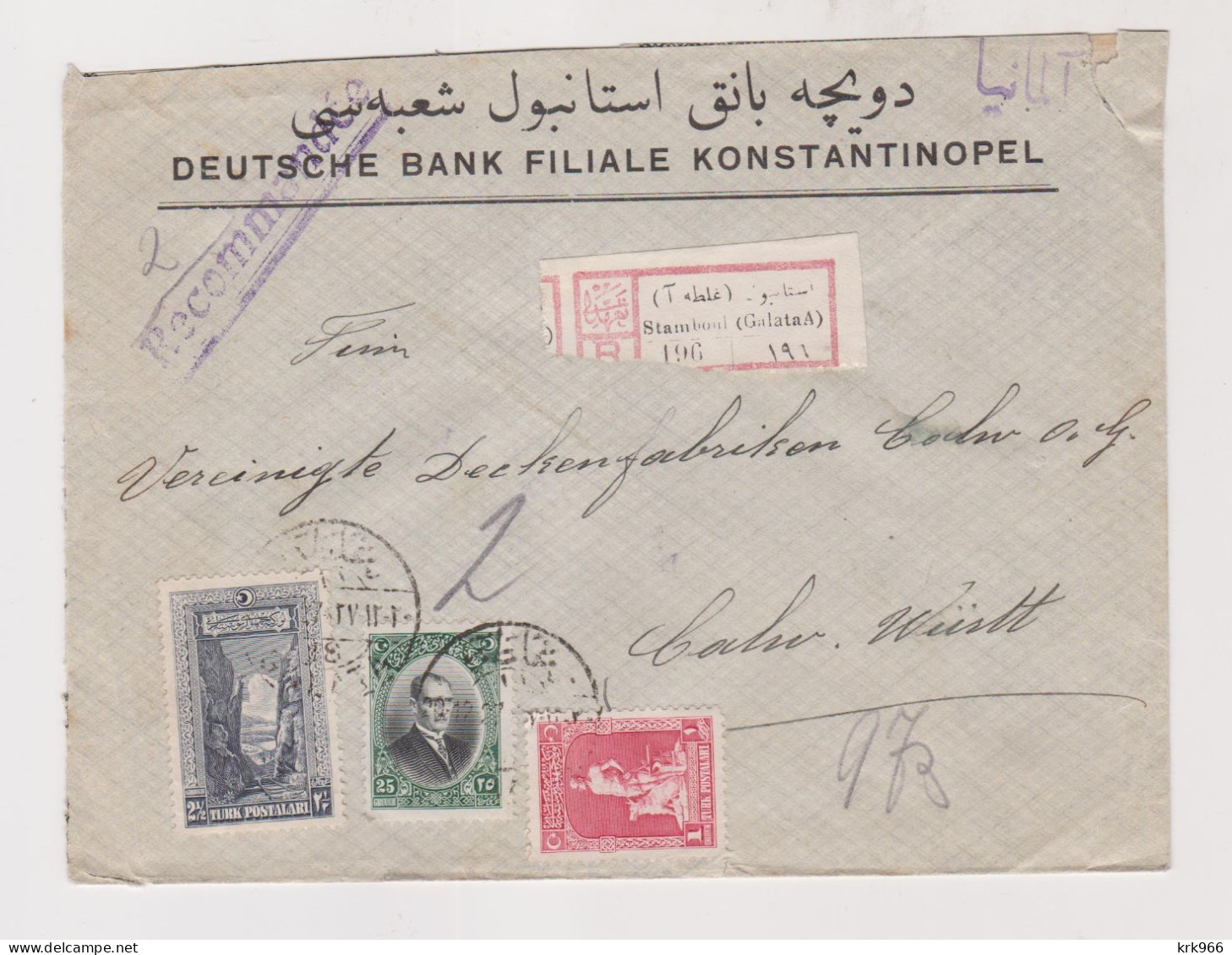 TURKEY  1927 Stamboul Galata Registered Cover To Germany - Covers & Documents