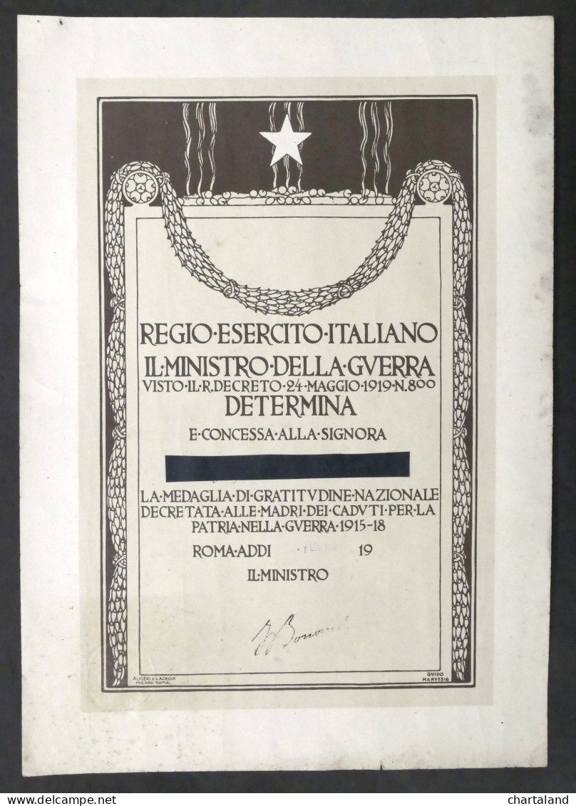 WWI - Regio Esercito Italiano - Concessione Medaglia Alle Madri Dei Caduti 1920 - Documents