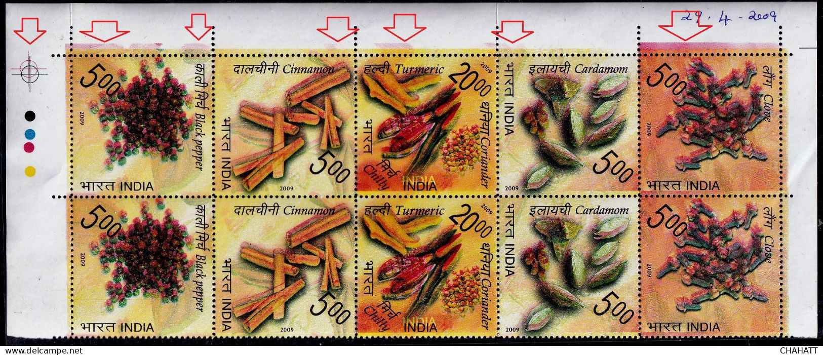 INDIAN SPICES-BLACK PEPPER-CINNAMON-CARDAMOM-CLOVE-TURMERIC-BLOCK OF 10-ERROR-COLOR SHIFT-INDIA-2009-MNH-IE-32 - Errors, Freaks & Oddities (EFO)