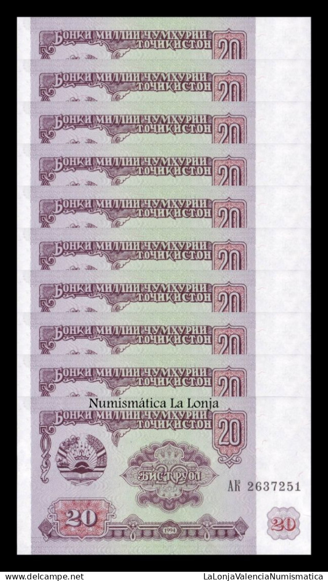 Tajikistan Lot Bundle 100 Banknotes 20 Rubles 1994 Pick 4 Sc Unc - Tagikistan