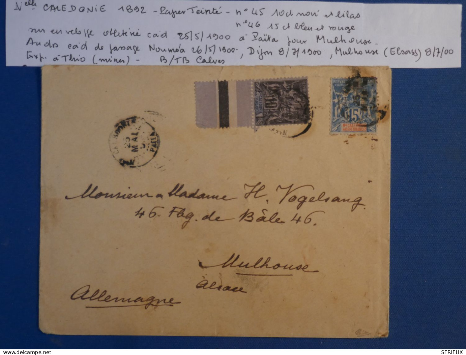 C NOUVELLE CALEDONIE BELLE LETTRE TRES RARE 1892 PETIT BUREAU PAITA  A MULHOUSE FRANCE+BORD DE FEUILLE+ SIGNéE CALVES++ - Storia Postale