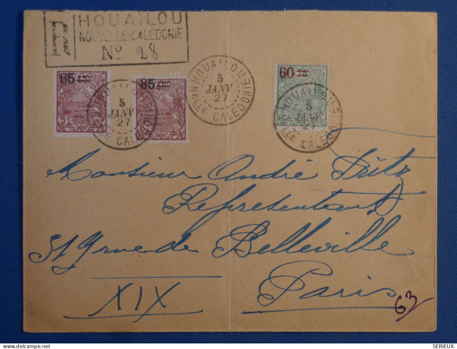 C NOUVELLE CALEDONIE BELLE LETTRE  RARE RECO 5 1 1927 PETIT BUREAU HOUAILOU A PARIS FRANCE++AFFR.PLAISANT++SURCHARGES ++ - Storia Postale