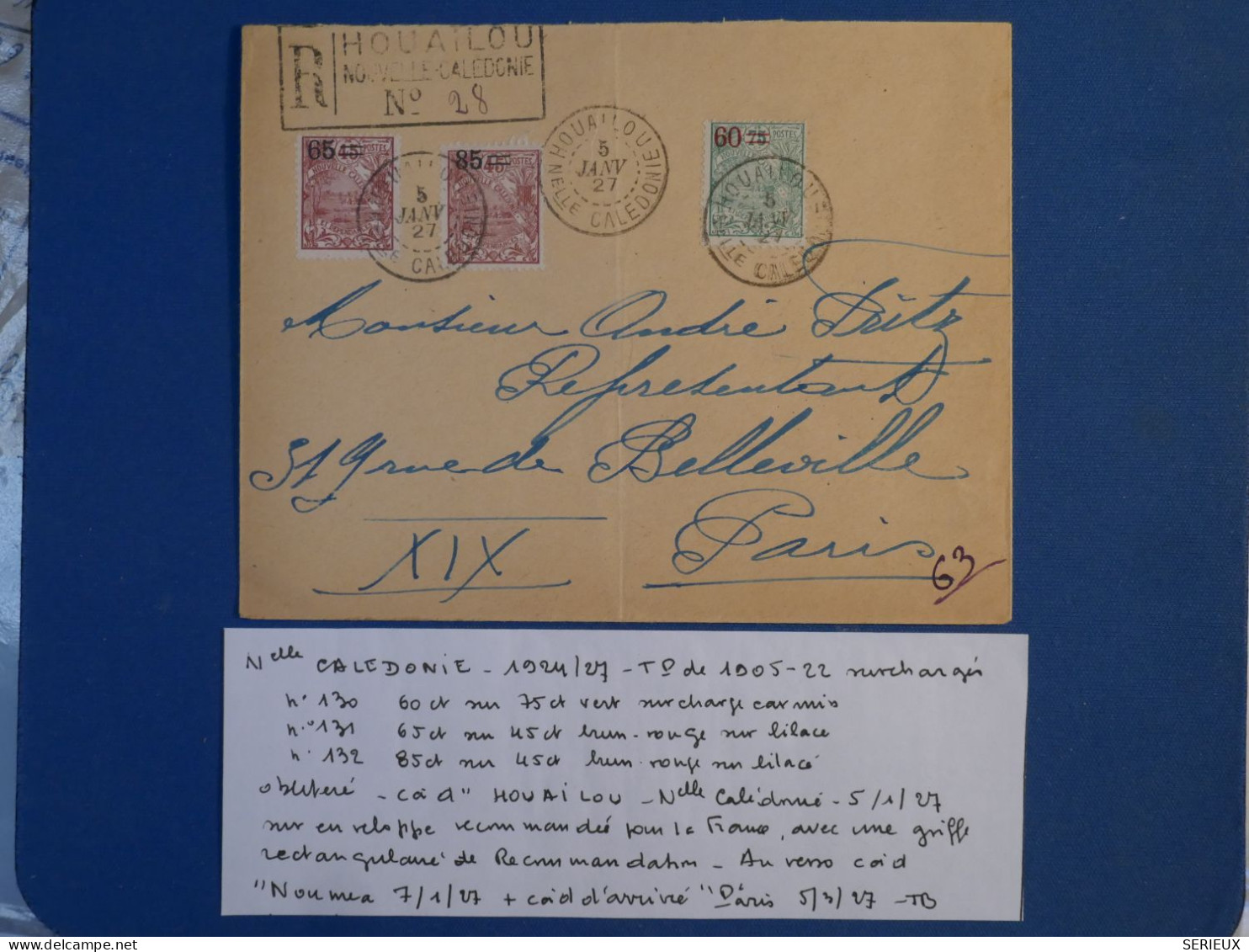 C NOUVELLE CALEDONIE BELLE LETTRE  RARE RECO 5 1 1927 PETIT BUREAU HOUAILOU A PARIS FRANCE++AFFR.PLAISANT++SURCHARGES ++ - Lettres & Documents