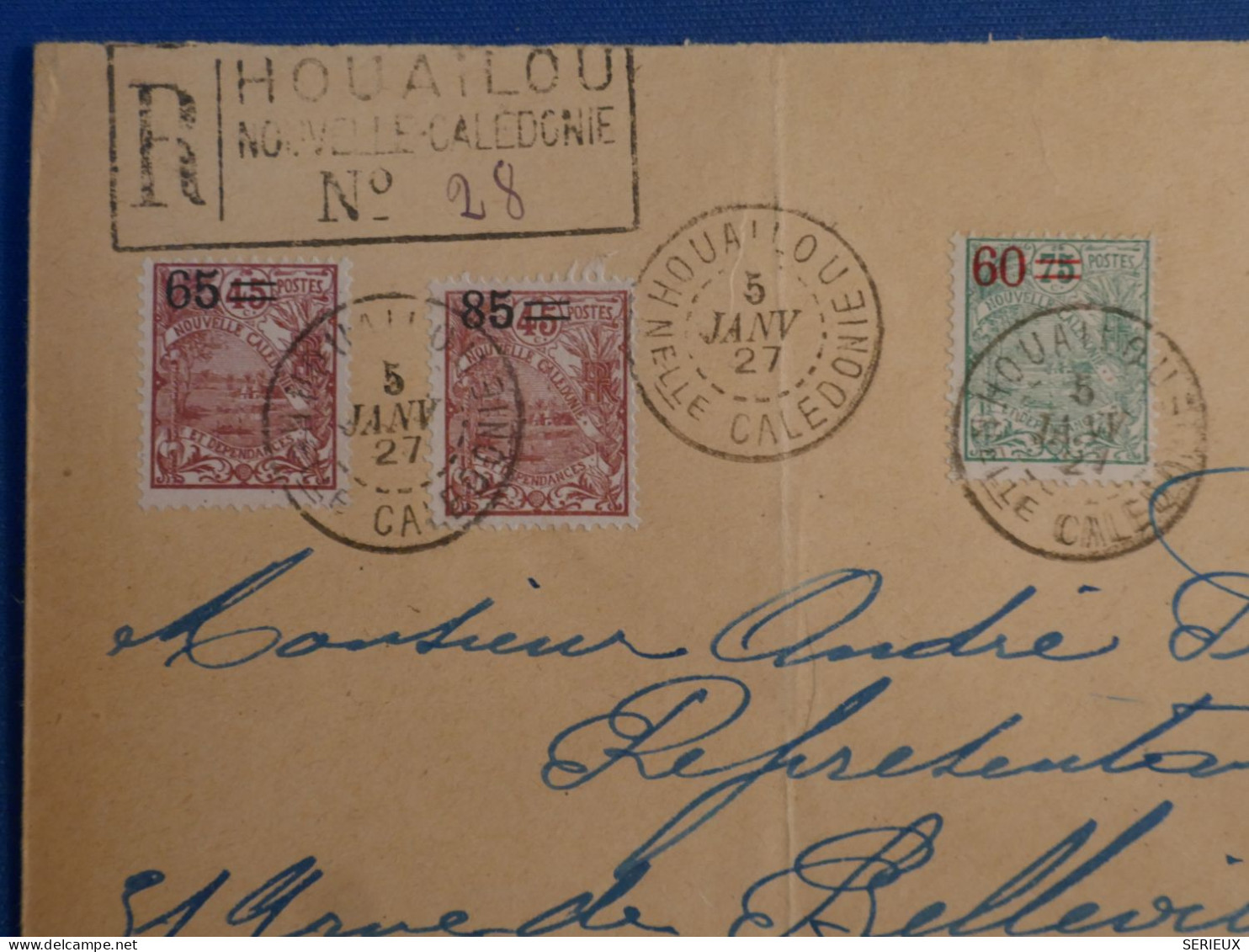 C NOUVELLE CALEDONIE BELLE LETTRE  RARE RECO 5 1 1927 PETIT BUREAU HOUAILOU A PARIS FRANCE++AFFR.PLAISANT++SURCHARGES ++ - Storia Postale