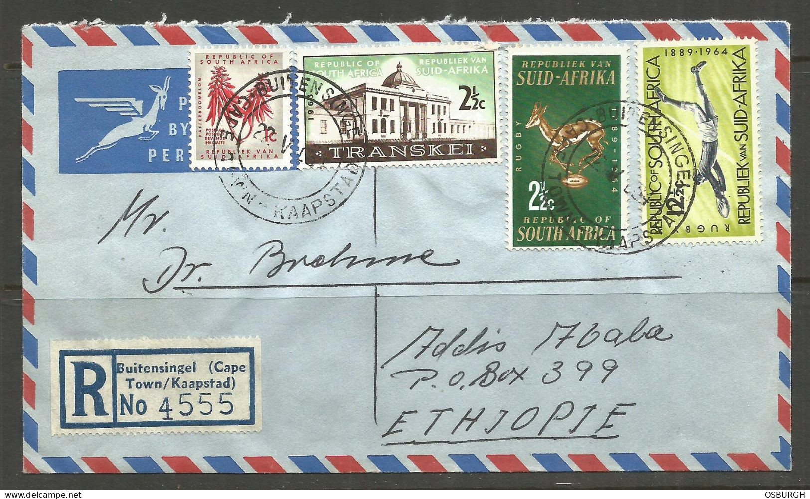 SOUTH AFRICA / ETHIOPIA. 1964. REGISTERED AIR MAIL COVER. CAPE TOWN TO ADDIS ABABA. GERMAN EVANGELICAL LUTHERAN CHURCH - Lettres & Documents