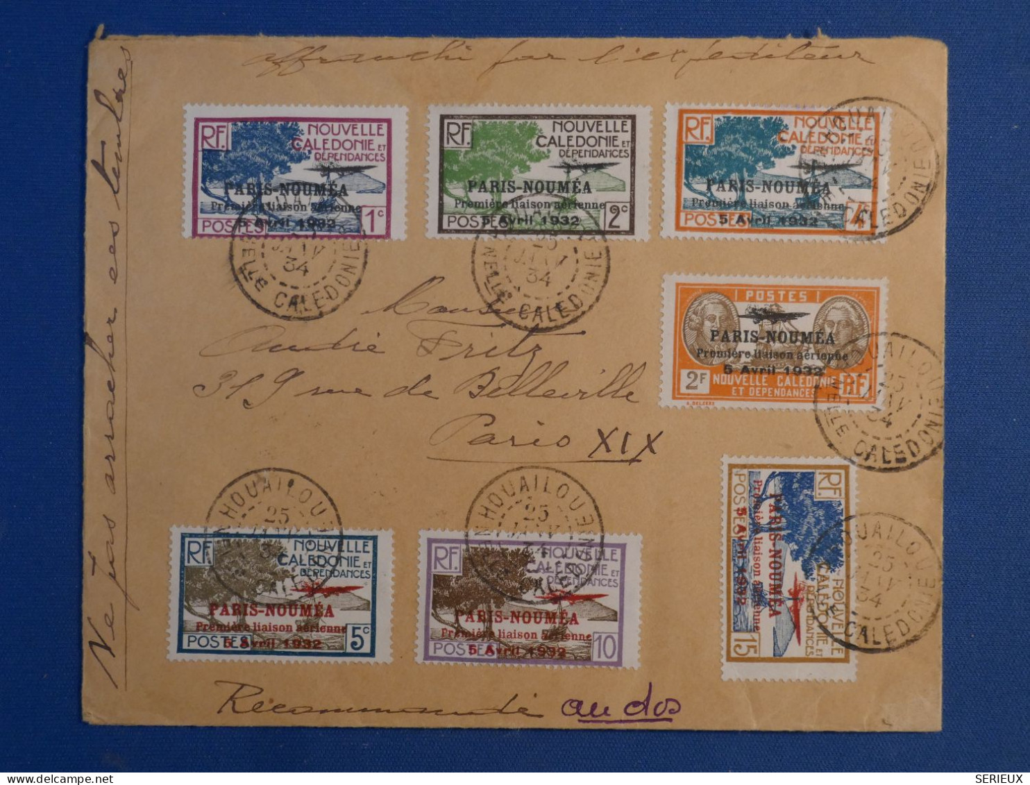 C NOUVELLE CALEDONIE BELLE LETTRE RARE 1934 PETIT BUREAU HOUAILOU 1ER VOL  NOUMEA PARIS FRANCE+ PA N°3.. N°24++ - Brieven En Documenten