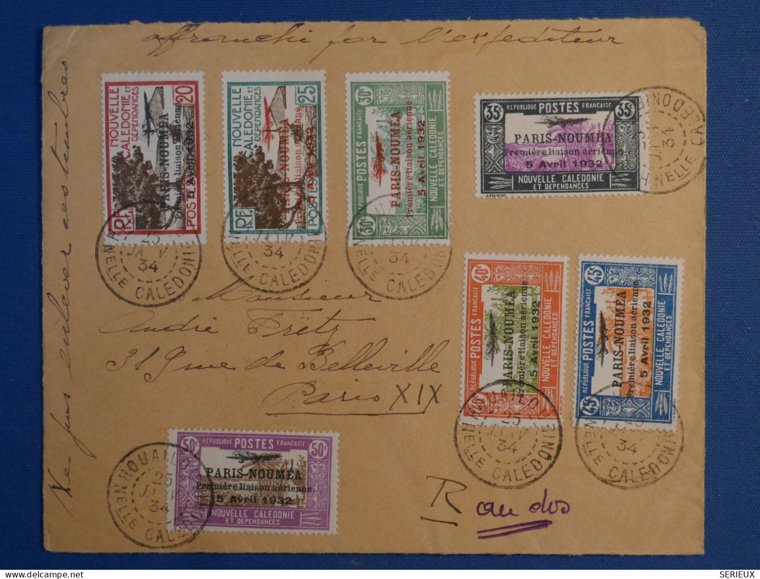 C NOUVELLE CALEDONIE BELLE LETTRE RARE 1934  PETIT BUREAU HOUAILOU 1ER VOL  NOUMEA PARIS FRANCE+ PA N°9...++ - Cartas & Documentos