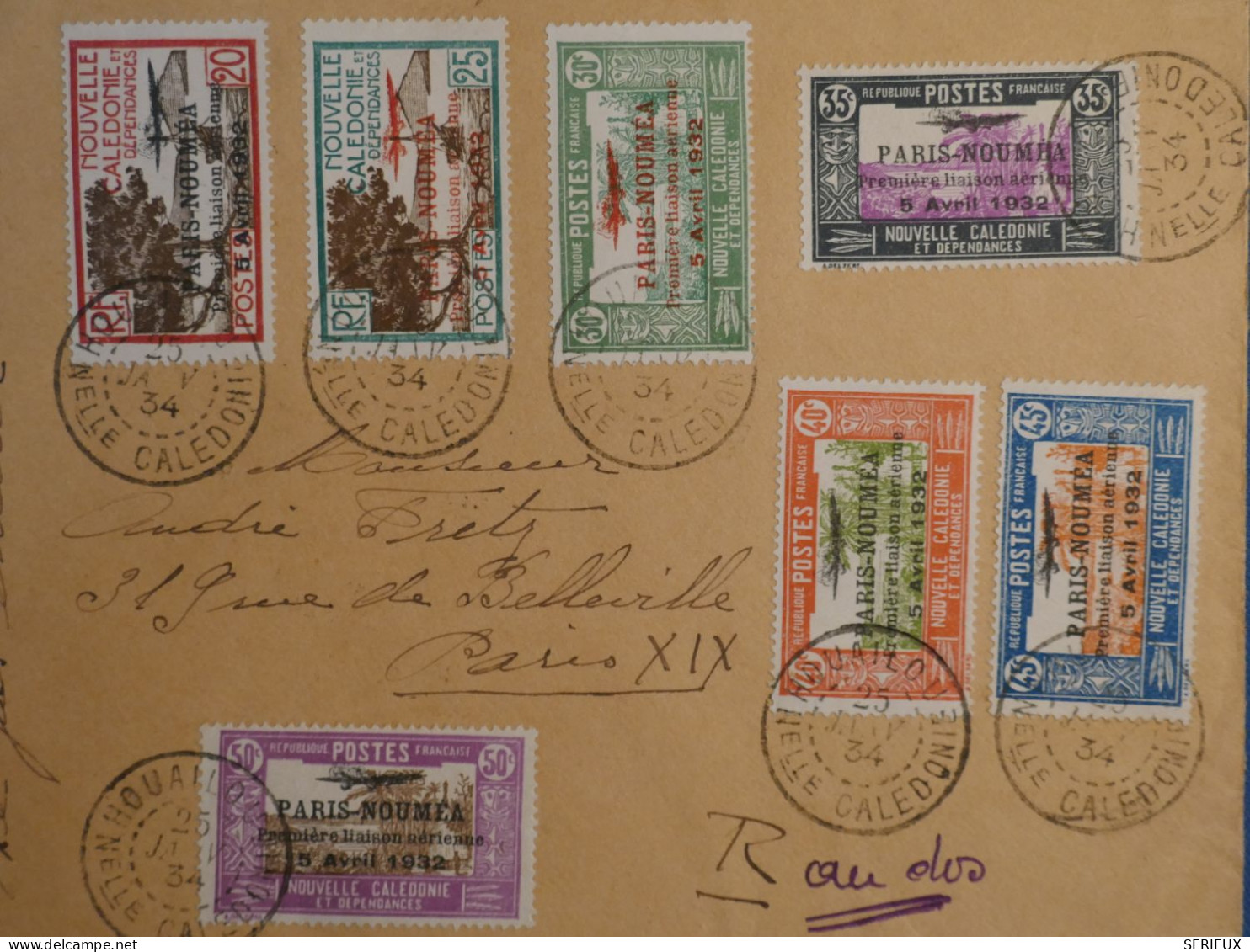 C NOUVELLE CALEDONIE BELLE LETTRE RARE 1934  PETIT BUREAU HOUAILOU 1ER VOL  NOUMEA PARIS FRANCE+ PA N°9...++ - Cartas & Documentos