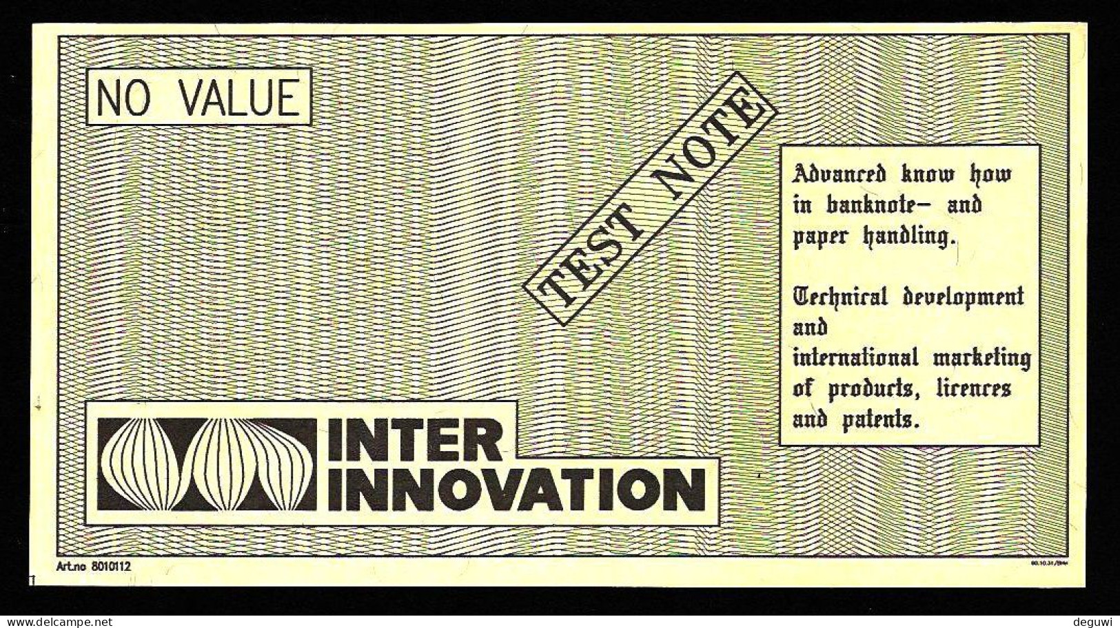 Test Note "INTER INNOVATION, 172 X 92 Mm, Testnote, Beids. Druck, RRRRR, UNC, Sehr Alt - Other & Unclassified