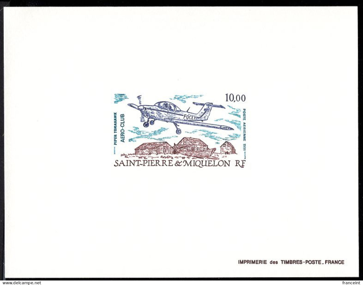 ST. PIERRE & MIQUELON(1991) Piper Tomahawk. Deluxe Sheet. Scott No C67, Yvert No PA70. - Sin Dentar, Pruebas De Impresión Y Variedades