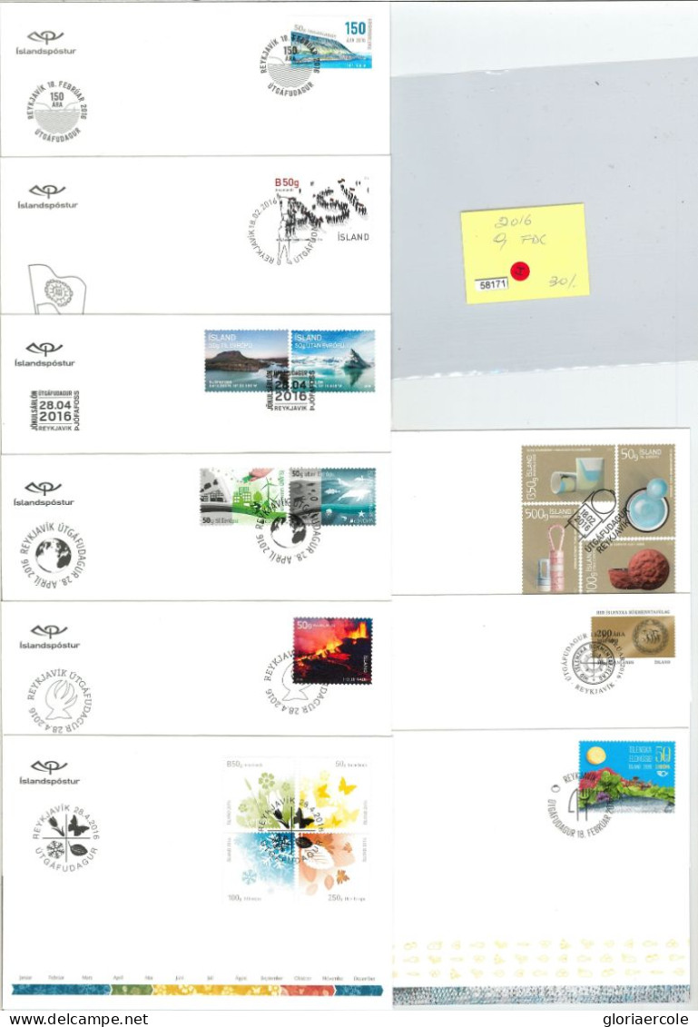 58171 - ISLAND Iceland - POSTAL HISTORY: 2016 Set Of 9  FDC COVERS - BUTTERFLIES - FDC