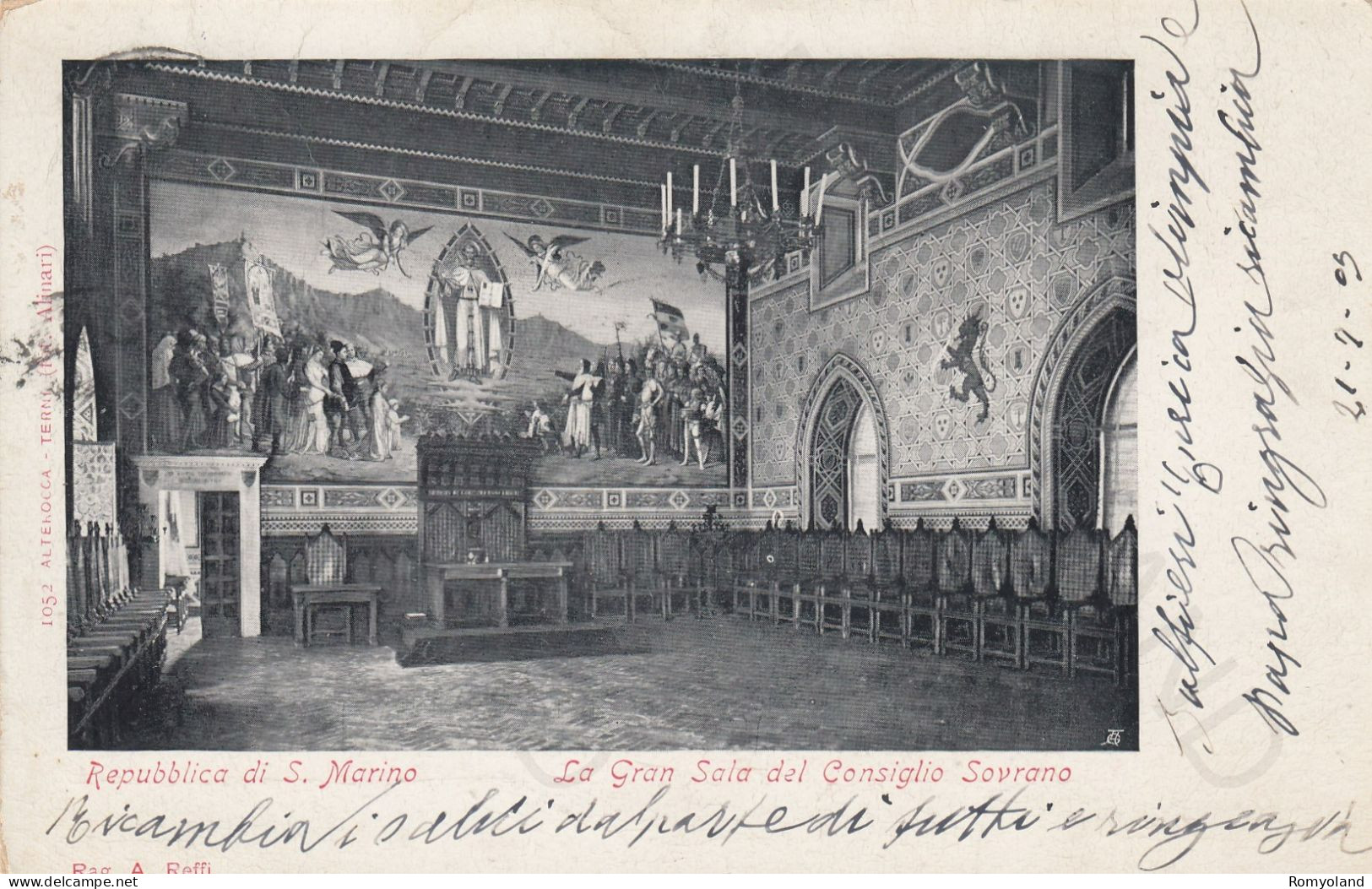 CARTOLINA  REPUBBLICA DI S.MARINO-LA GRAN SALA DEL CONSIGLIO SOVRANO-VIAGGIATA 1903 - San Marino