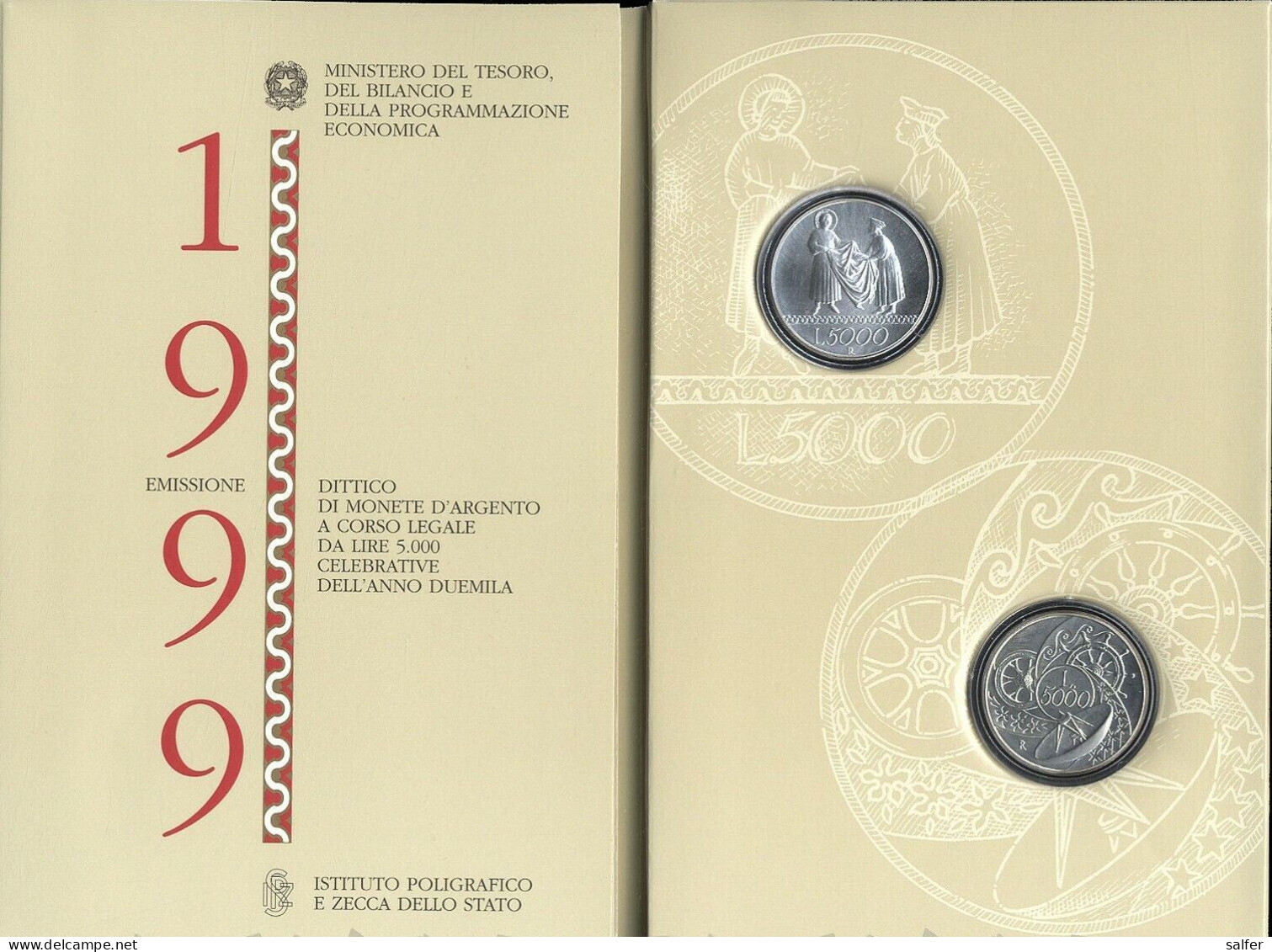 REPUBBLICA  1999 ANNO DUEMILA DITTICO   Lire 5000  X 2 AG - Conmemorativas