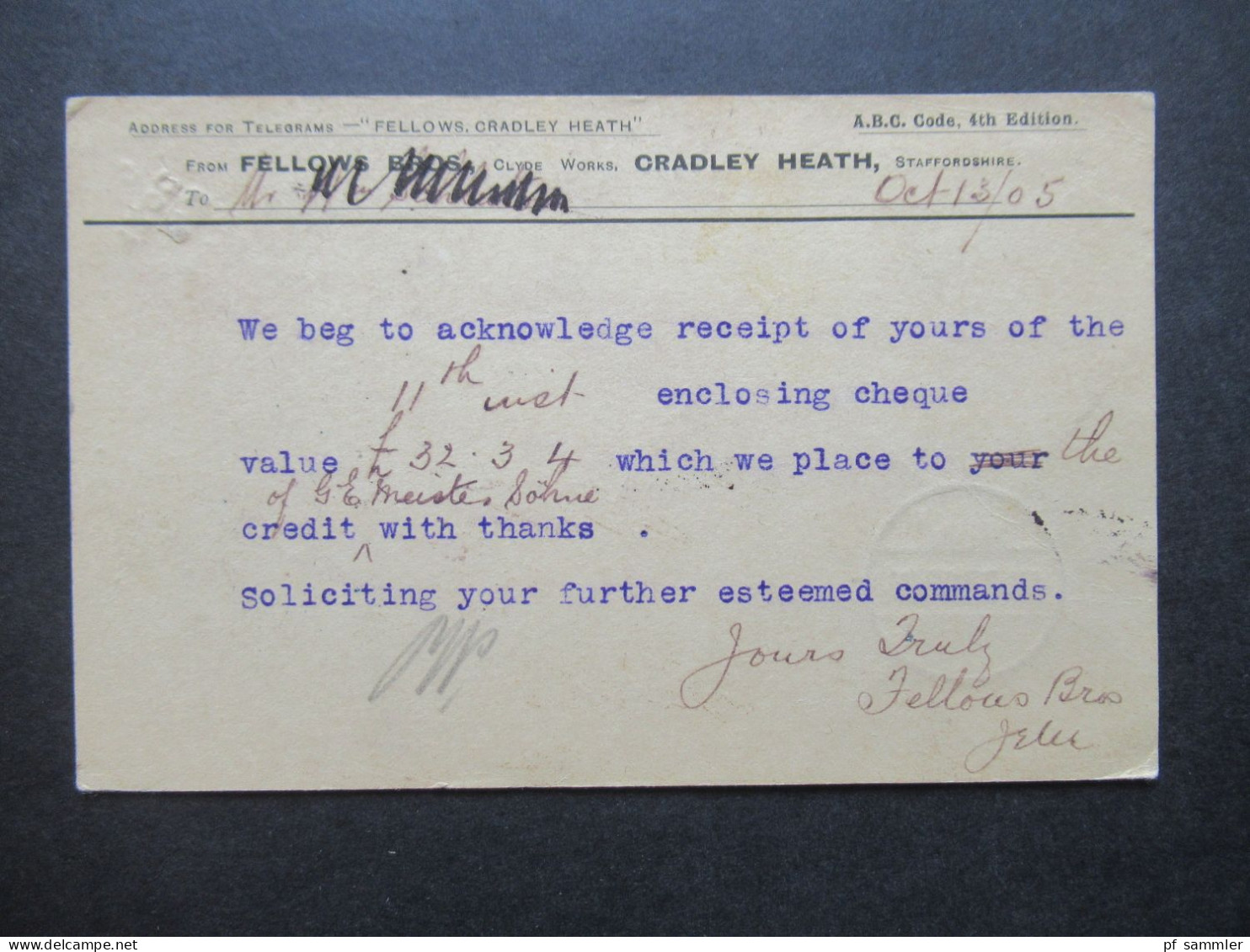 1905 Bedruckte Ganzsache Great Britain & Ireland Stempel Cradley Heath Nach Stettin Gesendet Mit Ank. Stempel - Lettres & Documents