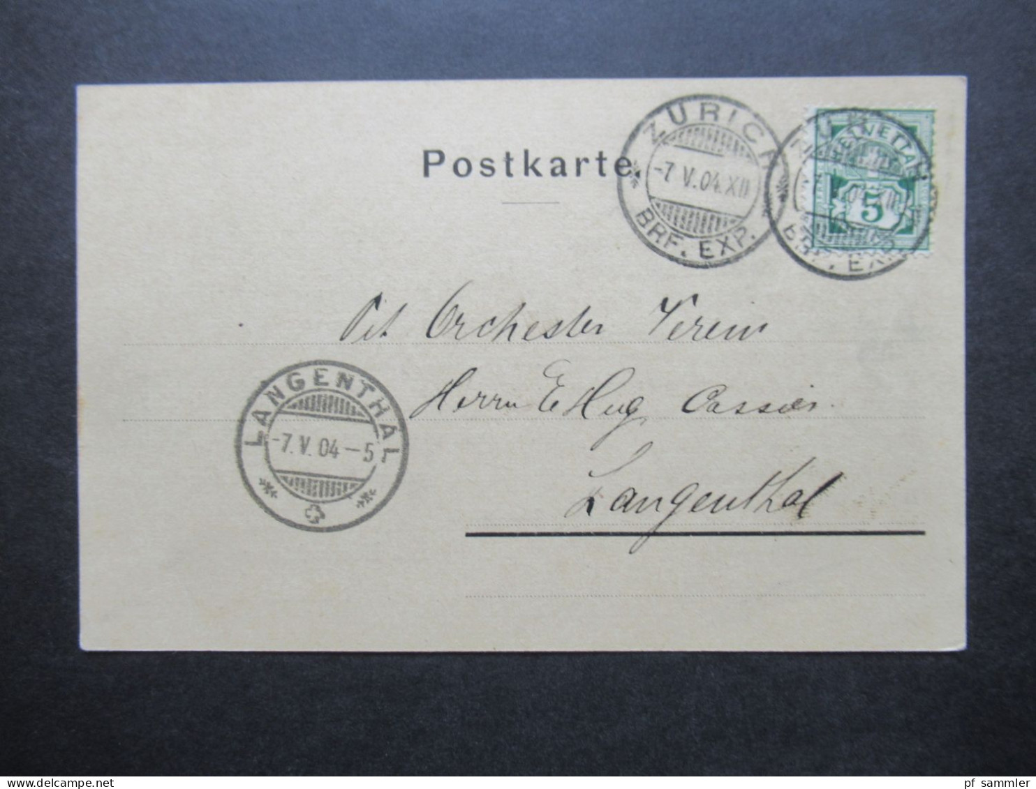 Schweiz 1904 Bedruckte Postkarte 2x Stempel Zürich Brf. Exp. Mit Ank. Stempel Langenthal / Gebrüder Hug Musikinstrumente - Storia Postale