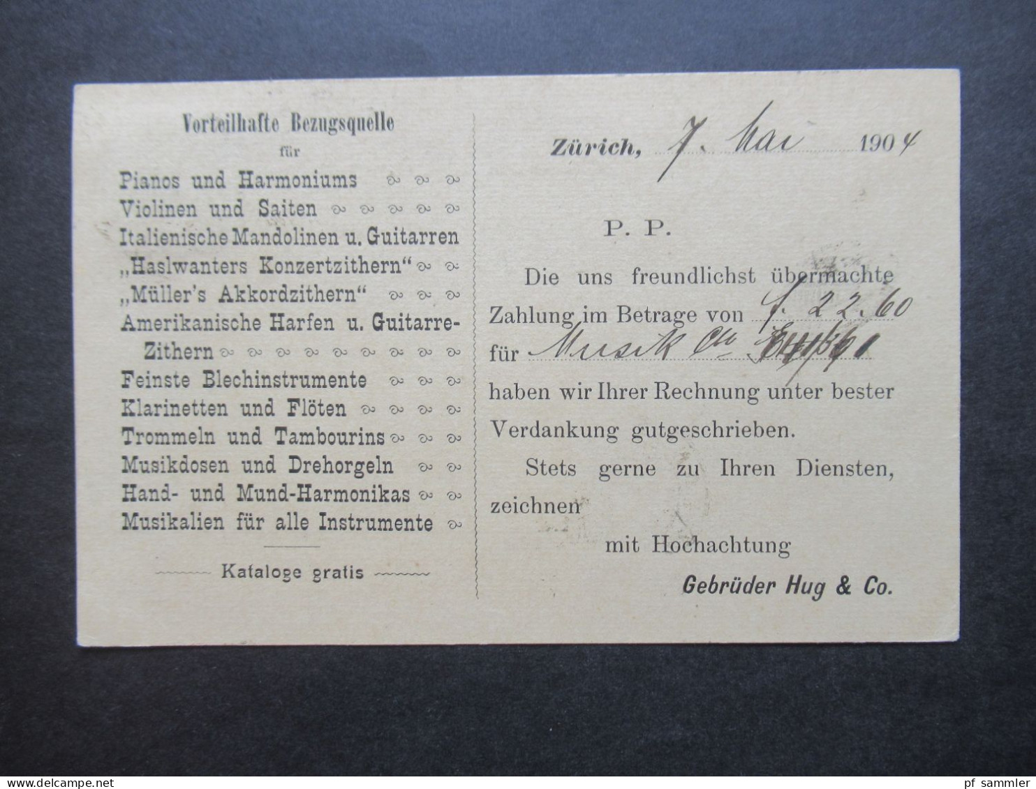 Schweiz 1904 Bedruckte Postkarte 2x Stempel Zürich Brf. Exp. Mit Ank. Stempel Langenthal / Gebrüder Hug Musikinstrumente - Briefe U. Dokumente