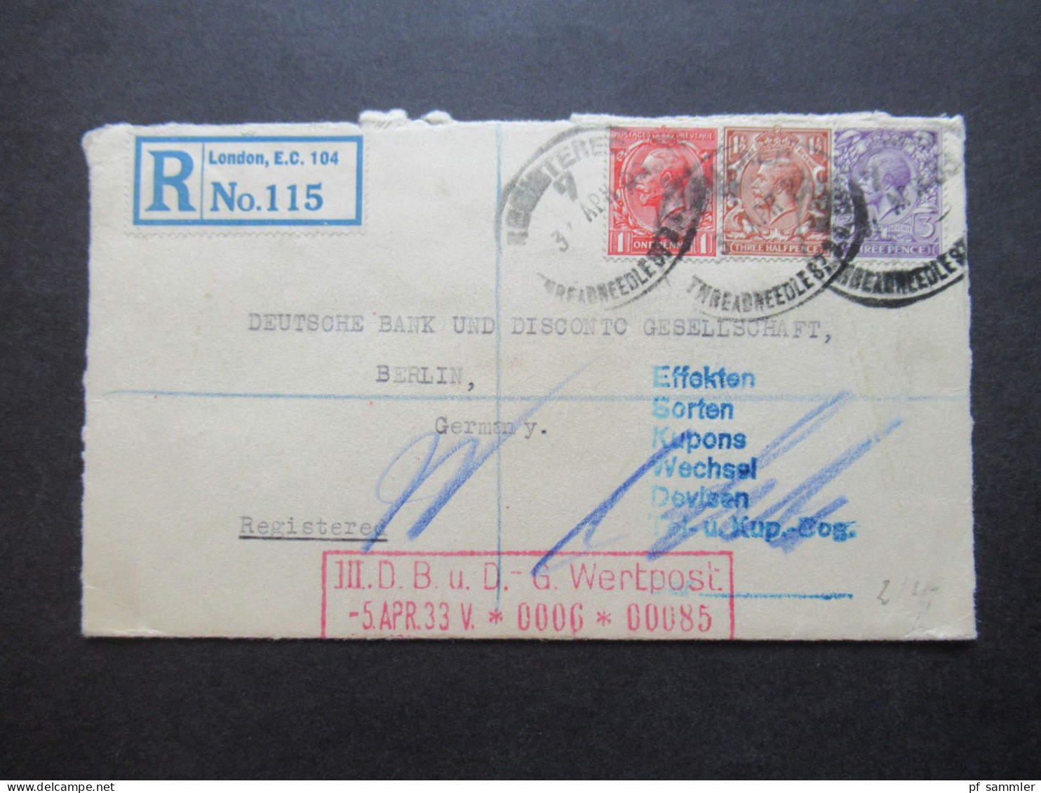 GB 1933 Einschreiben Registered London EC 104 An Die Deutsche Bank In Berlin / Roter Stempel Wertpost - Covers & Documents